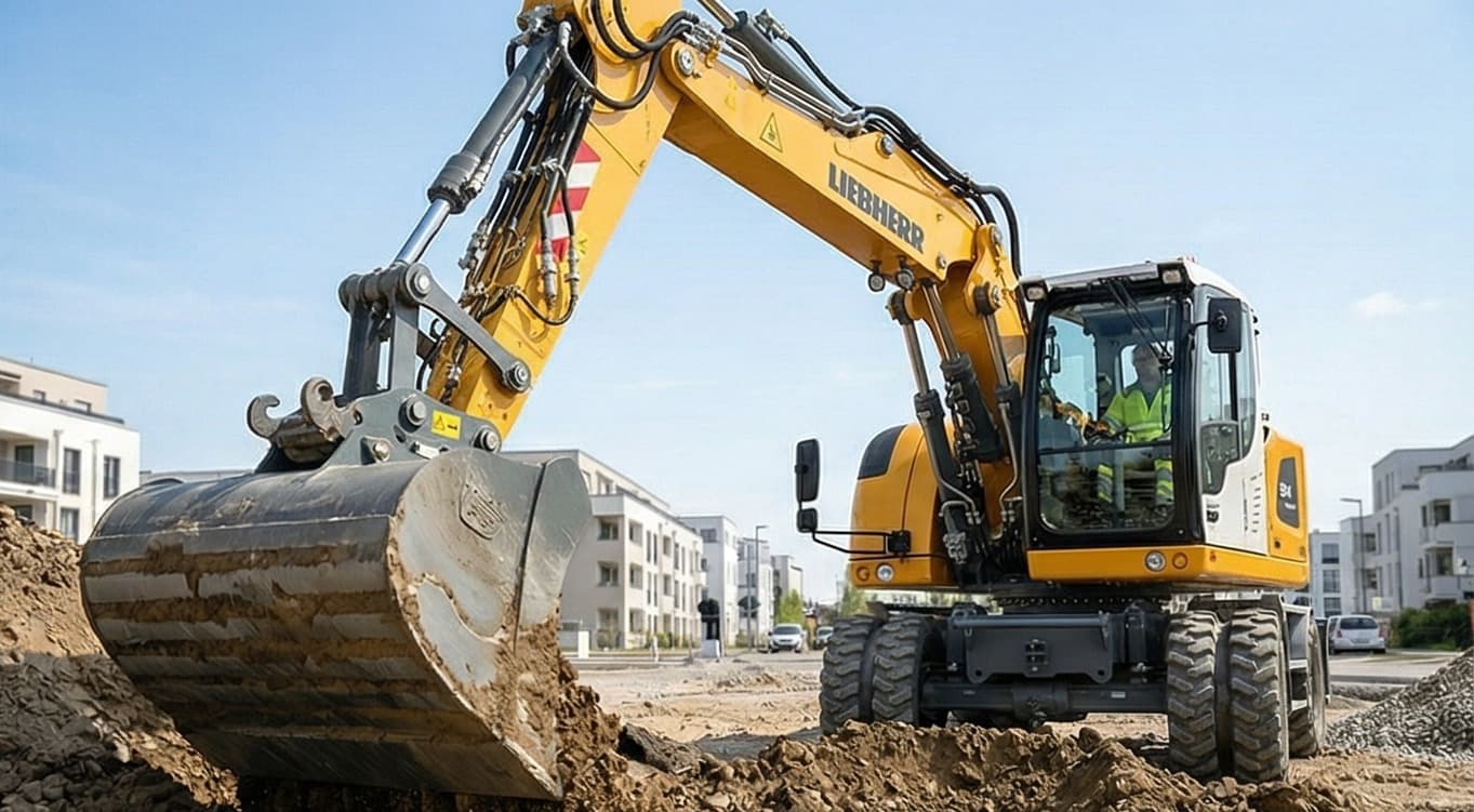 Opérateur LOCA.TP Aquitaine devant excavatrice Liebherr